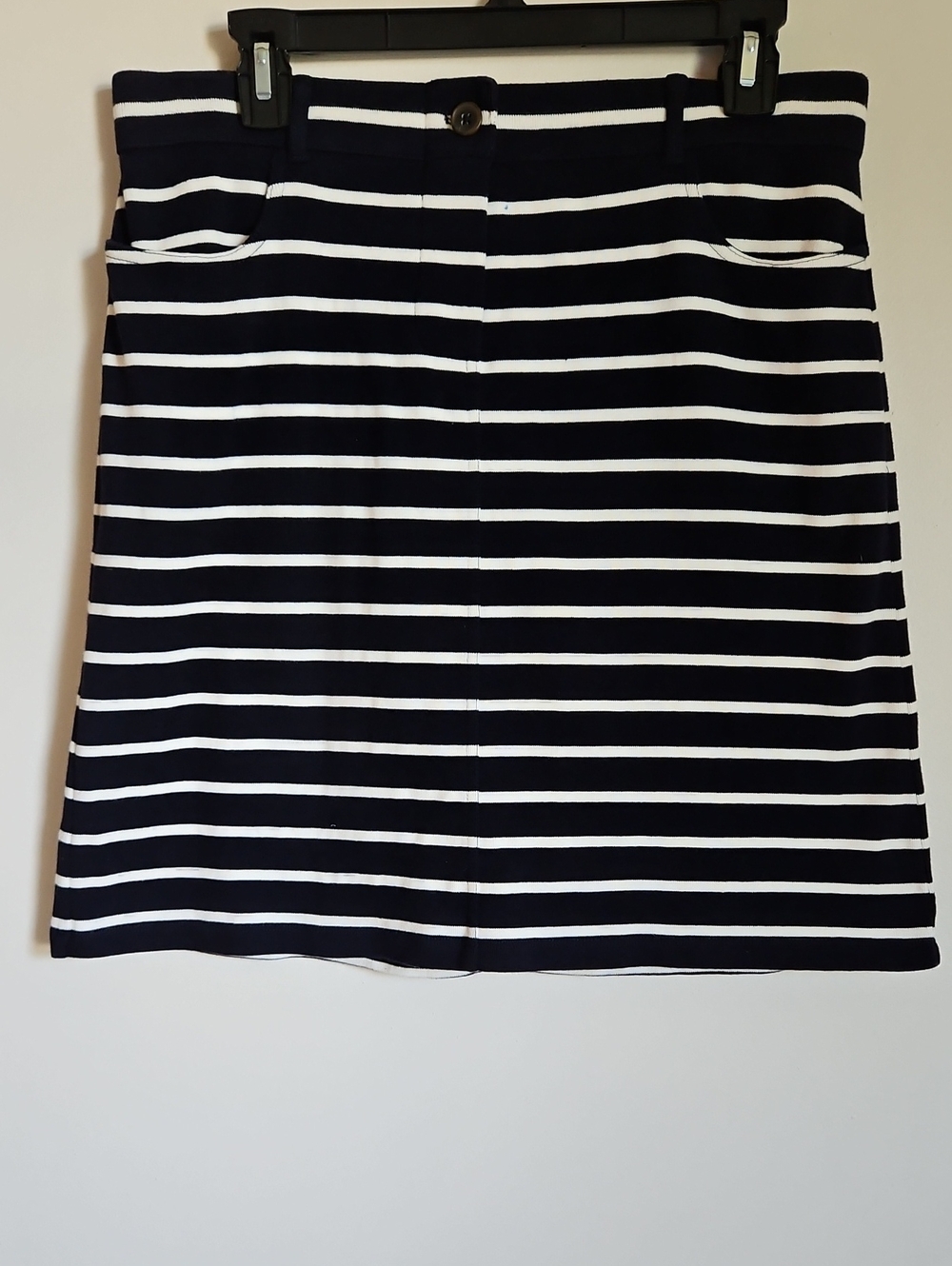 Talbots Knit Pullon Mini Skirt Navy White Striped 100% Cotton Pockets M